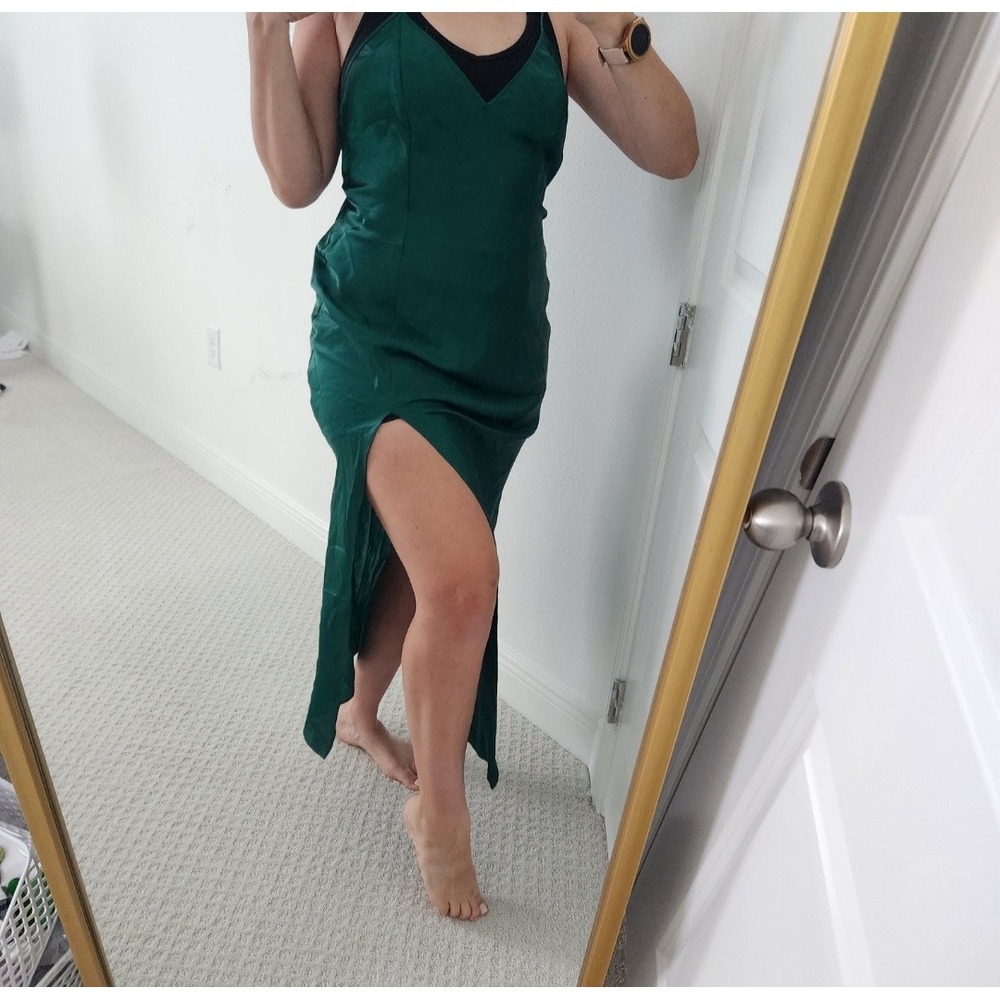 Vintage Fredericks of Hollywood Emerald Green Satin V-Neck Maxi Slip Dress L